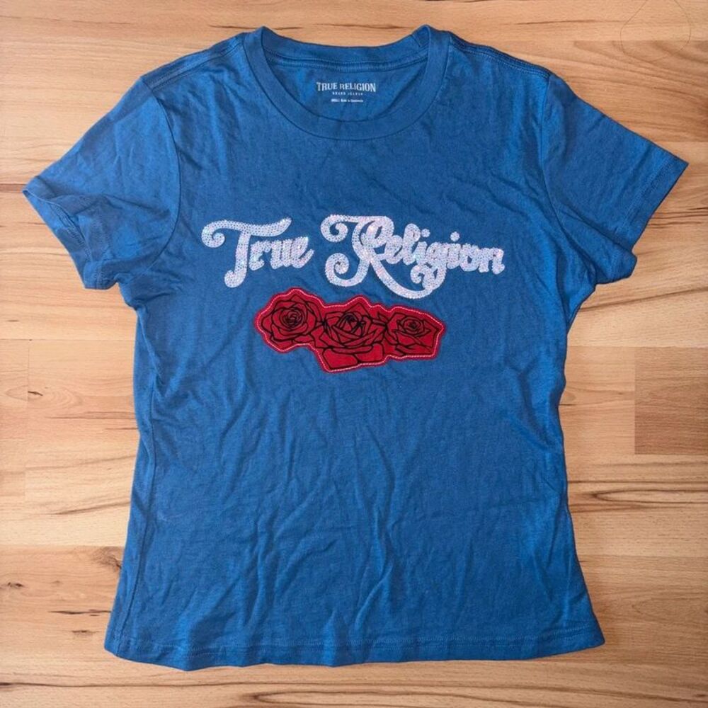 True Religion Blue Bedazzled Rhinestone Roses T-shirt size S